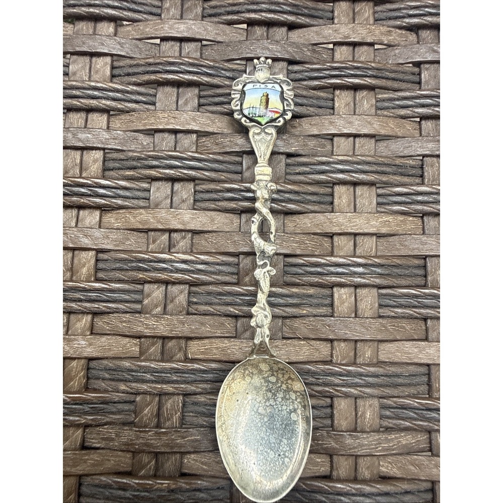 Vintage Italian 800 Silver Enamel Souvenir Spoon Pisa Leaning Tower Italy